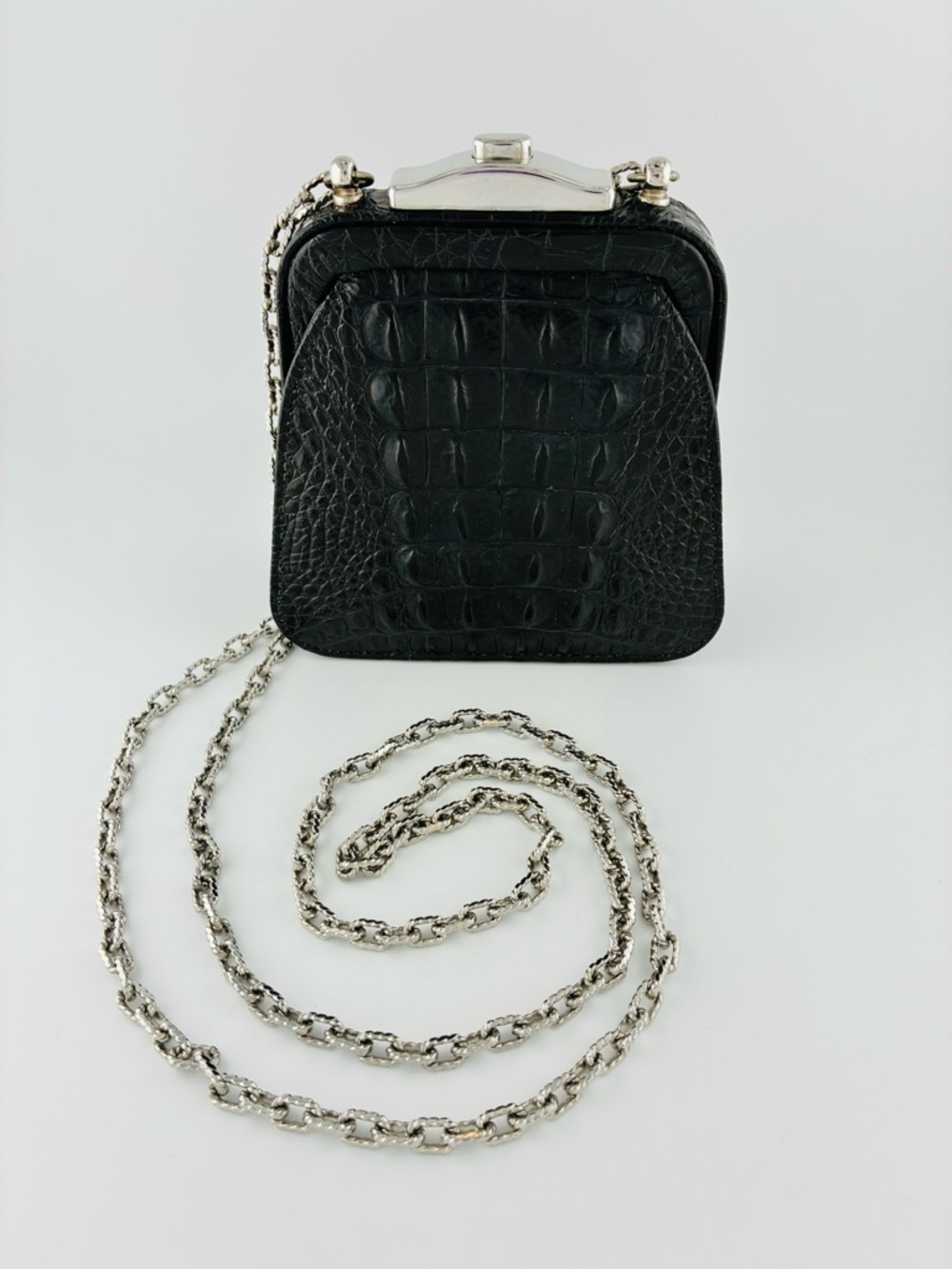 Ann Turk Black Croc-Embossed Mini Crossbody with Silver Chain Strap